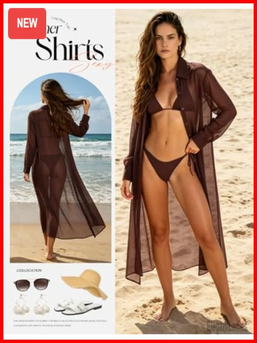 Sheer Mesh Button Down Cover Up Top Long Sleeve Beach Swimsuit